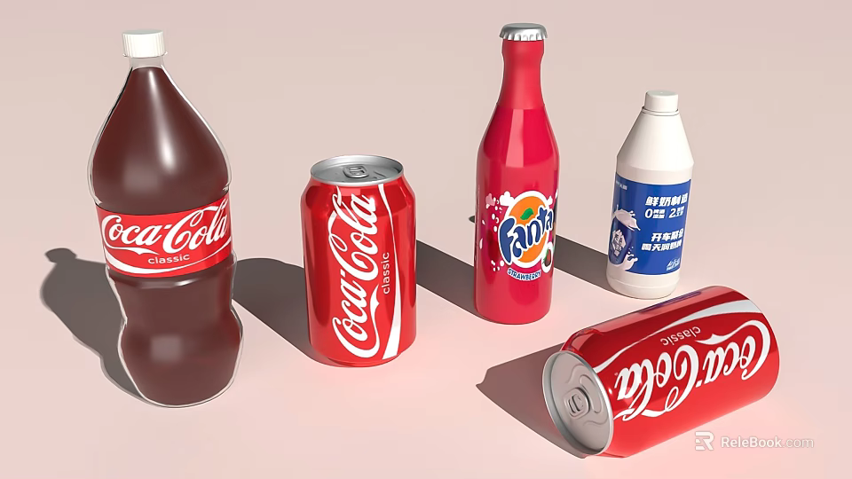 Assorted Beverage Containers Featuring Coca Cola Bottles Cans Fanta And Renny Cream Milk 3d model 