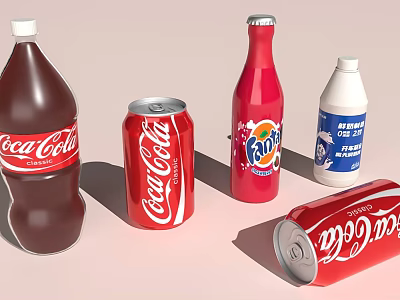 Assorted Beverage Containers Featuring Coca Cola Bottles Cans Fanta And Renny Cream Milk 3d model