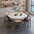 Modern Round Marble Dining Table Set With Four Rattan Chairs Kitchen Cabinets And Bright Window 3d model