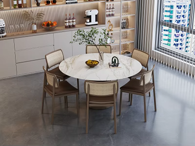 Modern Round Marble Dining Table Set With Four Rattan Chairs Kitchen Cabinets And Bright Window 3d model