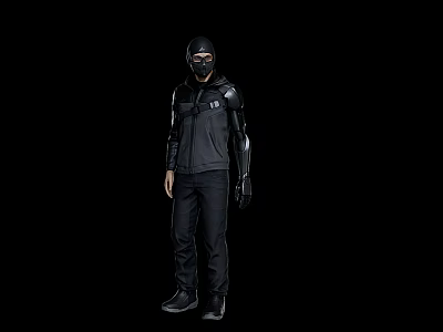 Game Movie Character in Black Tactical Suit with Helmet and Armored Gear 3d model