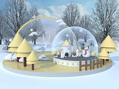 Belle's Winter Themed Decorative Scene With Snow Globe Small House Snowman Yellow Cones And Fence 3d model