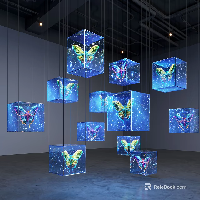 Hanging Transparent Cubes with Colorful Butterfly Patterns on Blue Starry Background 3d model 