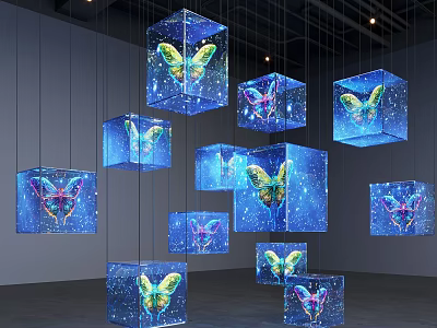 Hanging Transparent Cubes with Colorful Butterfly Patterns on Blue Starry Background 3d model