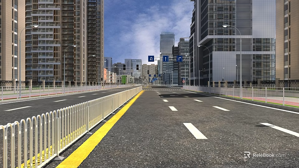 Urban Road Facilities with Traffic Signs Lane Markings Barriers and Street Lamps Along City Road 3d model 