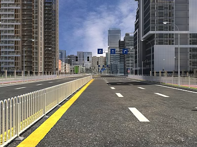 Urban Road Facilities with Traffic Signs Lane Markings Barriers and Street Lamps Along City Road 3d model