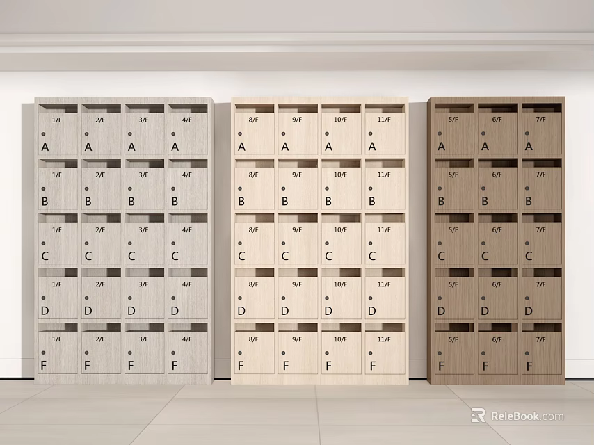 Three Wooden Storage Cabinets With Light Medium Dark Tones And A To F Labels 3d model 