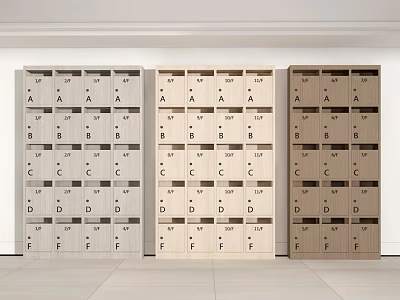 Three Wooden Storage Cabinets With Light Medium Dark Tones And A To F Labels 3d model