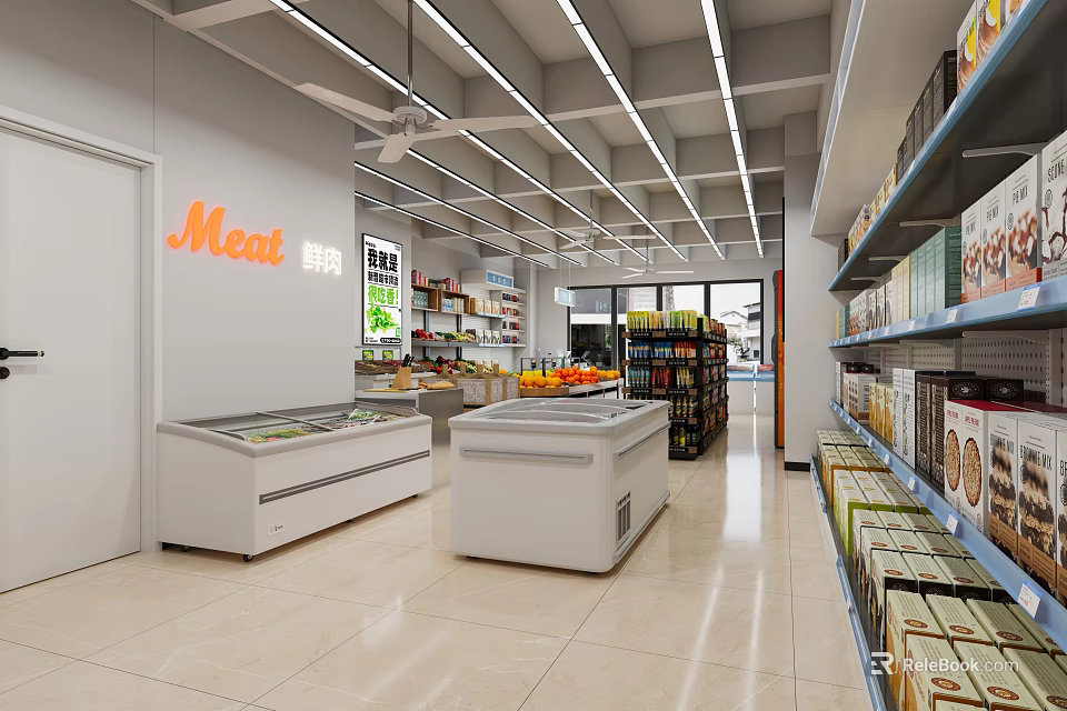 Spacious Supermarket Interior With Freezers Shelves And Various Grocery Products 3d model 