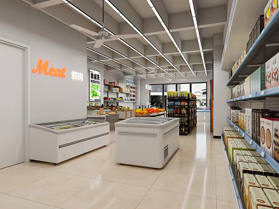 Spacious Supermarket Interior With Freezers Shelves And Various Grocery Products 3d model