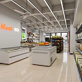 Spacious Supermarket Interior With Freezers Shelves And Various Grocery Products