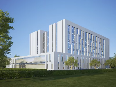 Modern Office Building With Sleek Design White Exterior Glass Windows Green Lawn And Trees 3d model