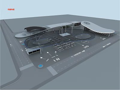 Modern Transportation Hub Design With Curved Roof And Traffic Flow Layout 3d model