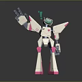 White and Pink Robot With Mechanical Arms Green Screen Display Standing on Reflective Surface