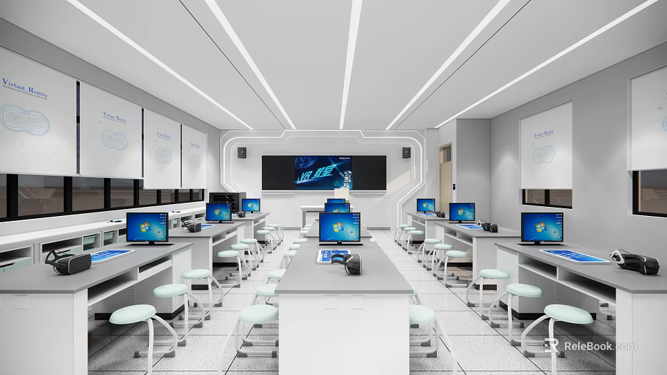 Modern School Computer Lab With Multiple Computers Large Screen And White Student Desks 3d model 