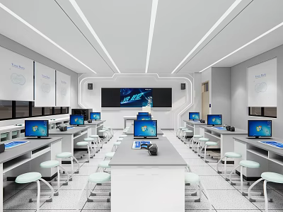 Modern School Computer Lab With Multiple Computers Large Screen And White Student Desks 3d model