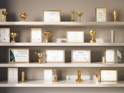 Elegant Display of Multiple Gold Trophies and Framed Certificates on White Shelves 3d model