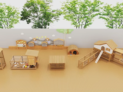 Outdoor Children's Play Area Featuring Wooden Playhouses Slides And Sand Ground 3d model