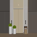 Modern Elevator Lobby Design with Three Elevators Green Plants And Trash Bin Wooden Accent Walls 3d model