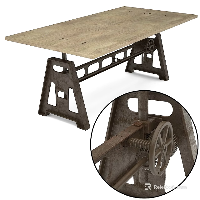 Industrial Style Dining Table With Wooden Top And Metal Gear Accent Base Design 3d model 