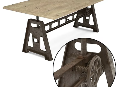 Industrial Style Dining Table With Wooden Top And Metal Gear Accent Base Design 3d model
