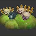 Three Adorable Little Sheep One Black Two White Standing On Green Grass With Wooden Fence