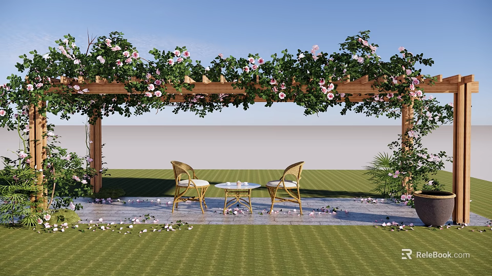 Pergola Adorned With Green Vines Pink Flowers And Golden Chairs On Stone Paved Lawn 3d model 