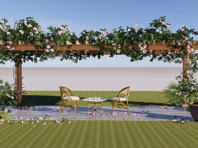 Pergola Adorned With Green Vines Pink Flowers And Golden Chairs On Stone Paved Lawn 3d model