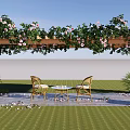 Pergola Adorned With Green Vines Pink Flowers And Golden Chairs On Stone Paved Lawn