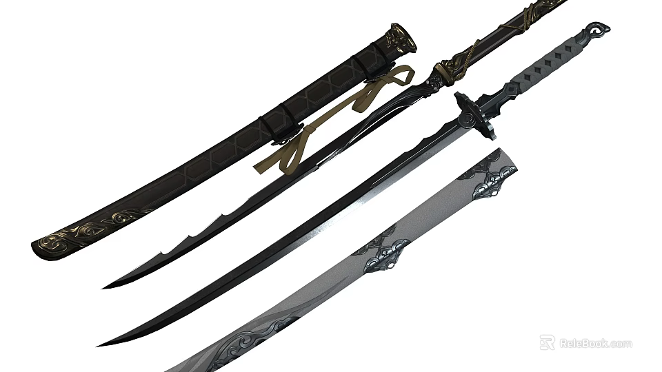 Ornate Swords With Decorative Scabbard Intricate Handle And Sharp Blade Designs 3d model 