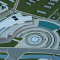 Modern Architectural Exterior With Curved White Roof And Glass Facade Over Blue Water