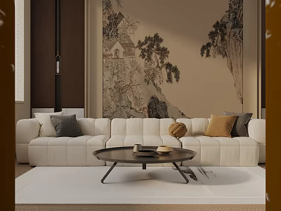 Beige Three-Seater Sofa With Throw Pillows And Coffee Table In Landscape Painting Background 3d model