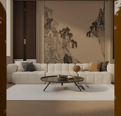 Beige Three-Seater Sofa With Throw Pillows And Coffee Table In Landscape Painting Background 3d model