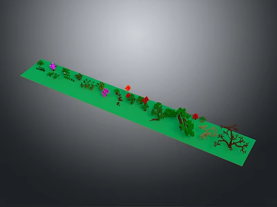 Lush Green Plant Strip With Colorful Flowers And Various Tree Species 3d model
