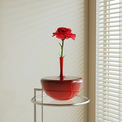 Red Vase With Single Red Carnation On Metal Stand By Window With Natural Light 3d model
