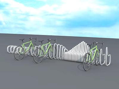Green Bicycles Parked On White Wave Shaped Bike Rack Under Blue Sky And Gray Ground 3d model