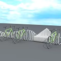 Green Bicycles Parked On White Wave Shaped Bike Rack Under Blue Sky And Gray Ground