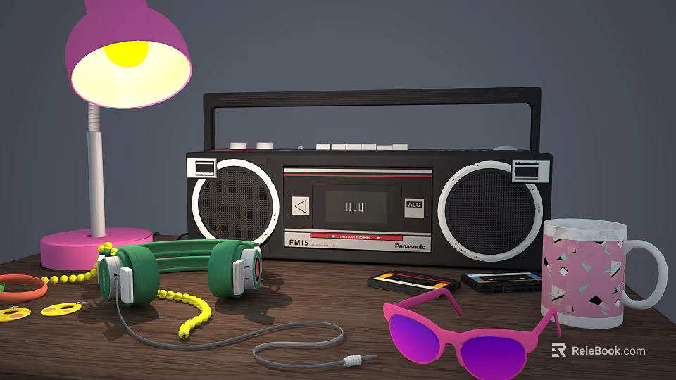 Decorative Ornament Set Featuring Purple Lamp Black Radio Green Headphones Pink Sunglasses on Wooden Table 3d model 