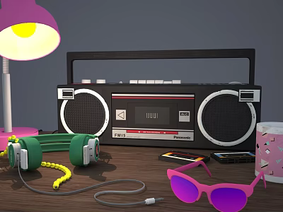 Decorative Ornament Set Featuring Purple Lamp Black Radio Green Headphones Pink Sunglasses on Wooden Table 3d model