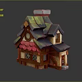 Adorable Cartoon Fairy Tale House Scene With Green Roof Chimney Wooden Windows And Red Decorations