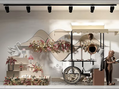 Elegant Window Display With Swan Floral Decor Cart Mannequin And Wavy Background 3d model
