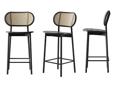 Modern Bar Stools With Rattan Backrest And Black Metal Frame Design Set 3d model