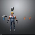 Cartoon Worker in Yellow Hard Hat Blue Overalls Holding Angle Grinder Welding Helmet and Sparks
