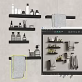 Bathroom Accessories With Black Shelves Towels And Toiletries On Gray Wall
