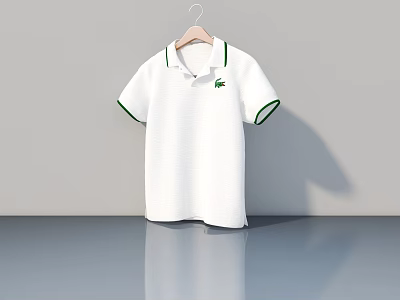 White Polo Shirt With Green Collar Cuff Trim Hanging On Wooden Hanger 3d model