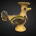 Handcrafted Ceramic Chicken Decor With Colorful Feather Design And Yellow Base 3d model