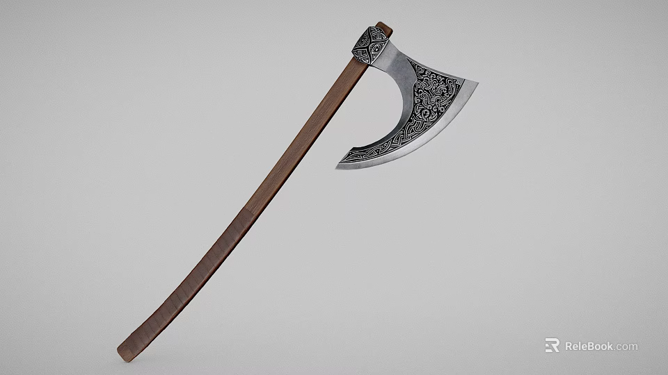 Traditional Axe Weapon With Wooden Handle And Carved Metal Blade Design 3d model 