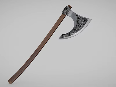 Traditional Axe Weapon With Wooden Handle And Carved Metal Blade Design 3d model
