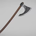 Traditional Axe Weapon With Wooden Handle And Carved Metal Blade Design