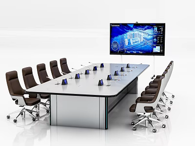Modern Conference Room With White Top Silver Frame Conference Table And Brown Wheeled Office Chairs 3d model